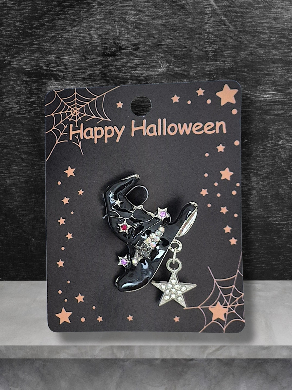 Black Witch's Hat Brooch Pin with Star Charm & Multicolored Crystals